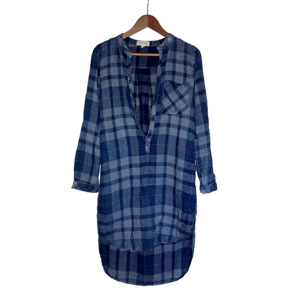 Anthropologie CLOTH & STONE Plaid Shirt Dress Size XS Blue SOFT COMFY TRAVEL